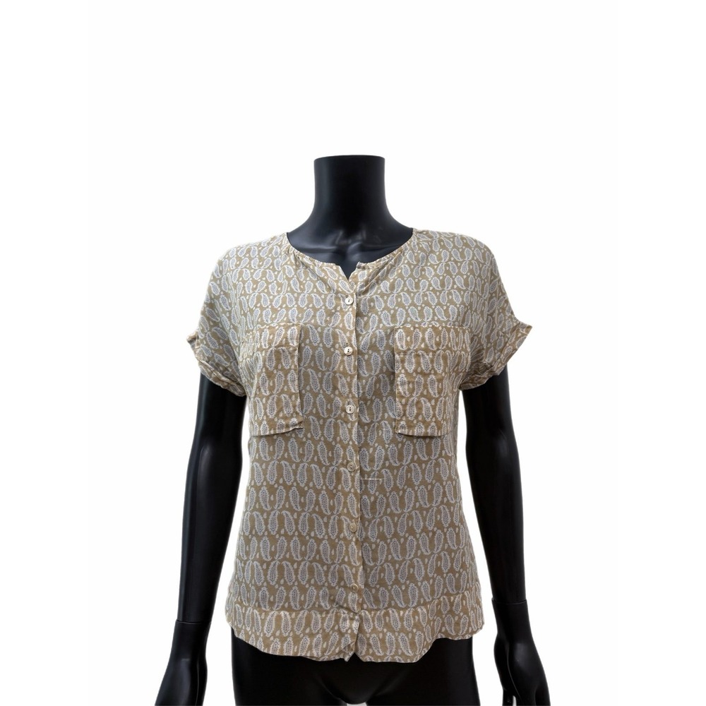 Massimo Dutti Silk Cotton Paisley Blouse Beige White Button‎ Front Size 6